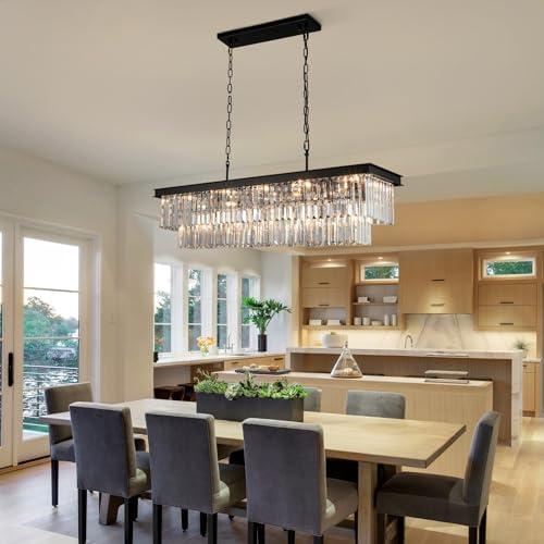 Black Crystal Chandelier 15-Lights Modern Rectangle Dining Room Light Fixture