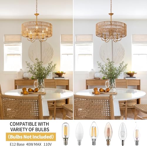 5-Light Boho Rattan Chandelier with Gold Finish