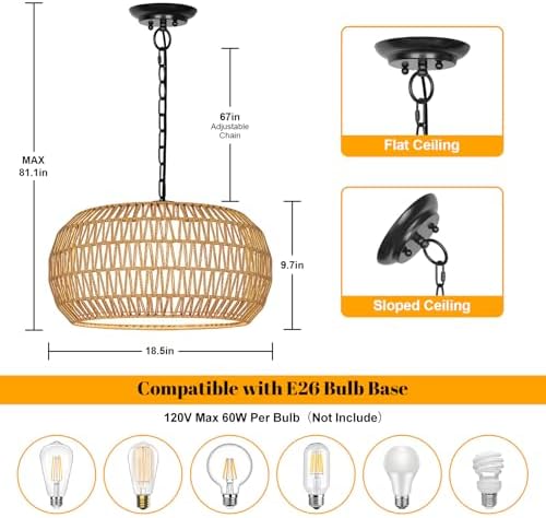 VerRon 19 Inch Rattan Chandelier for Dining Room and Kitchen