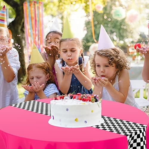 Oudain Cars Birthday Tablecloths - 3pcs Pink Checkered Round Cloth