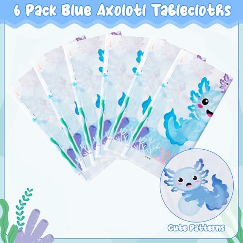 6 Pack Blue Cartoon Axolotl Table Covers for Parties