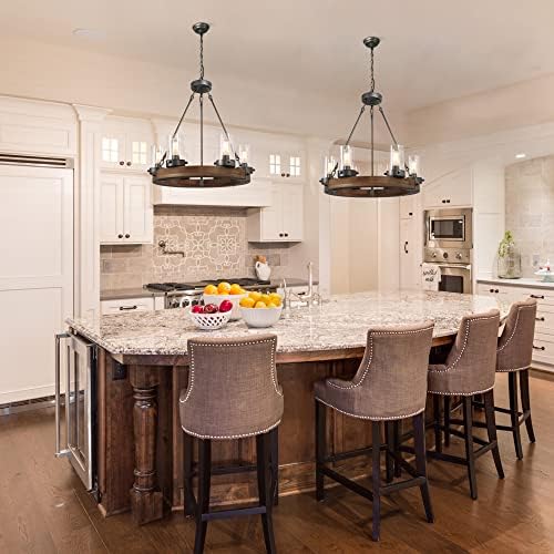Farmhouse Wood Chandelier with Seeded Glass Shades