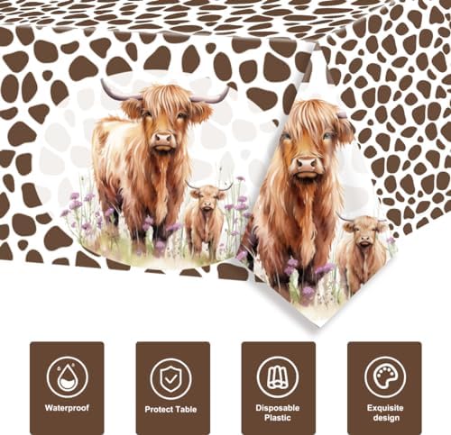 3Pcs Highland Cow Print Tablecloth for Birthday Party