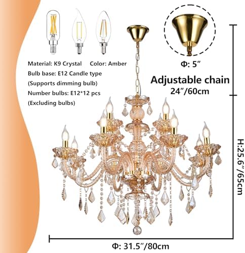 Amber Gold Crystal Chandelier 12 Lights Luxury Pendant Ceiling Fixture