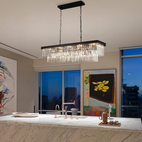 Black Crystal Chandelier 15-Lights Modern Rectangle Dining Room Light Fixture