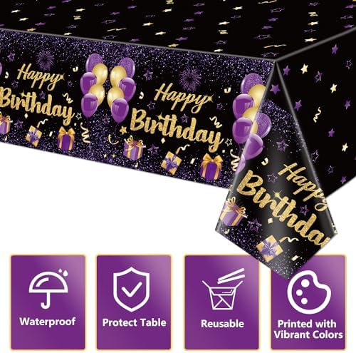 2 Pack Purple Gold Birthday Tablecloths 51x87 Inch