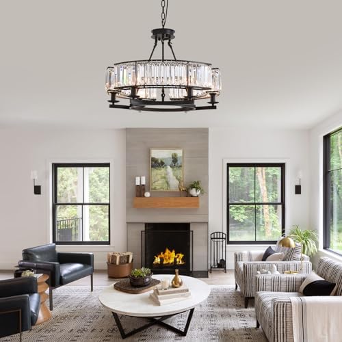 NOXARTE 6 Light Round Crystal Chandelier Black Iron Frame