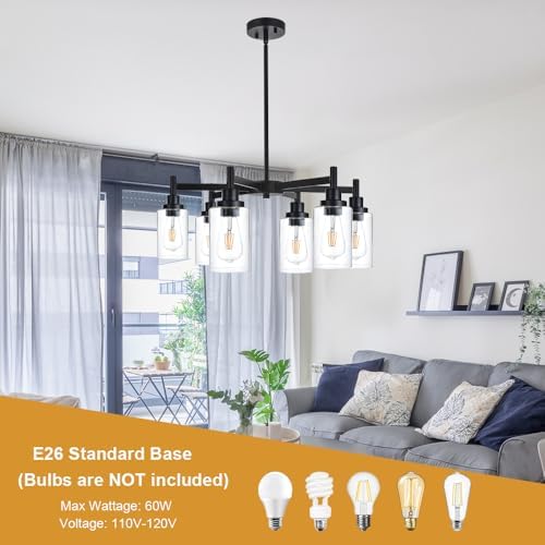 VINLUZ 6 Light Black Chandelier with Clear Glass