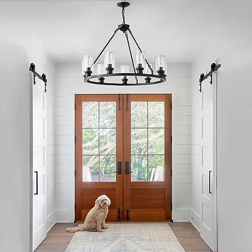 Black Wagon Wheel Chandelier 32 Inch 9 Light Modern Farmhouse Pendant Light