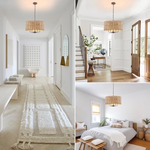 Boho Rattan Chandelier with 5 Lights for Dining Room and Kitchen