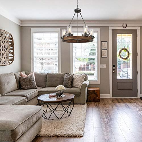 Farmhouse Wood Chandelier with Seeded Glass Shades