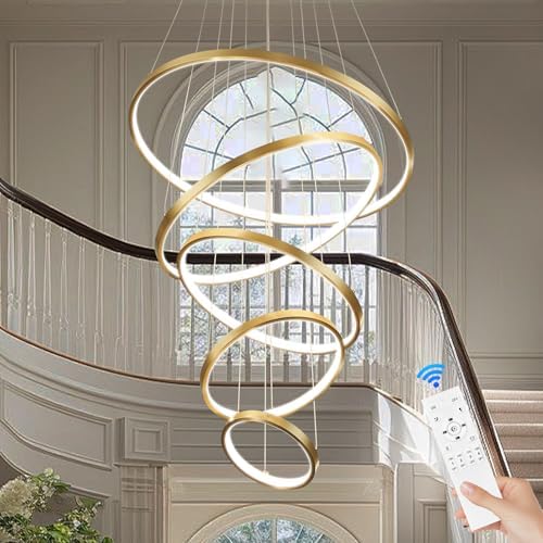 5 Ring Modern LED Chandelier Dimmable Gold for High Ceiling