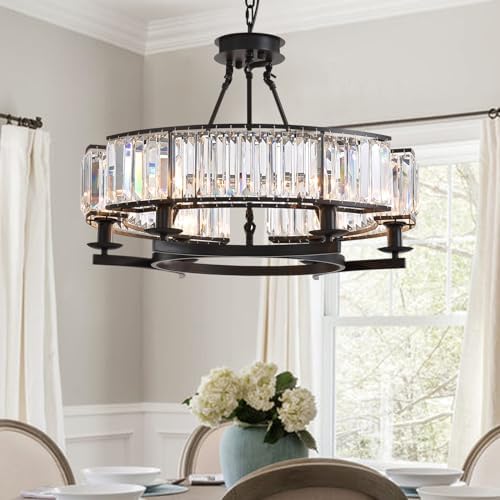 NOXARTE 6 Light Round Crystal Chandelier Black Iron Frame