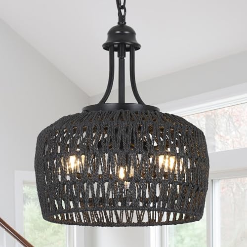 HMVPL Black Rattan Chandelier 3 Light Boho Style