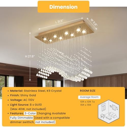 Siljoy 8 Light Wave Crystal Chandelier Modern Gold Flush Mount Ceiling Light