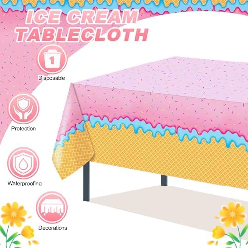 PHOGARY Ice Cream Tablecloth with Birthday Banner