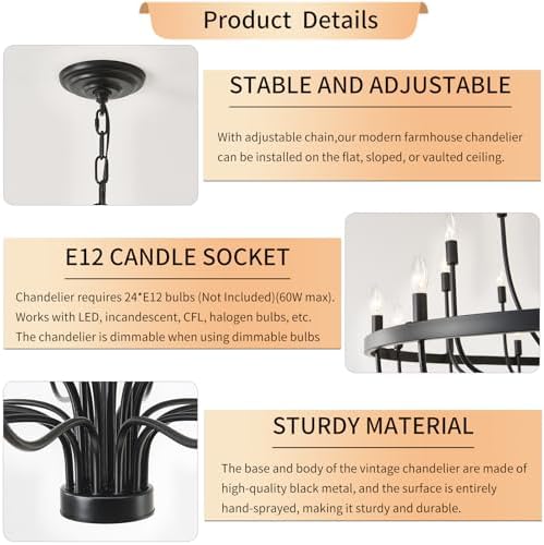 BAOURE 24 Light Black Chandelier 39 Inch Round