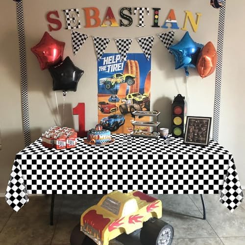 4 Pcs Race Car Tablecloths Black White Checkered Party Decorations