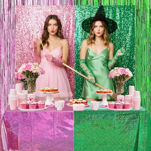 2Pcs Pink and Green Glitter Tablecloths 54x108 Inch for Witch Princess Party