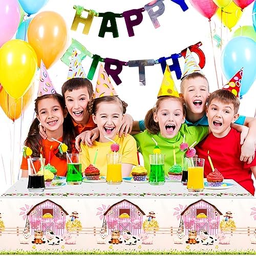 PHOGARY Farm Animals Birthday Tablecloth Pink Farm Theme Party Decor