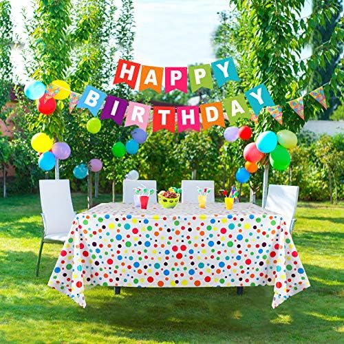 Tatuo 2 Pcs Rainbow Polka Dot Tablecloth with Birthday Banner