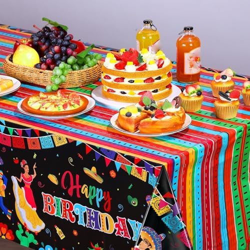 WovWeave 3 Pcs Mexican Fiesta Tablecloths Happy Birthday Decor