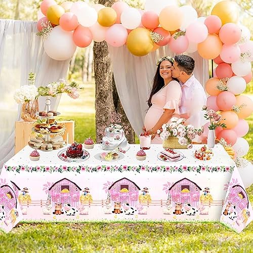 PHOGARY Farm Animals Birthday Tablecloth Pink Farm Theme Party Decor