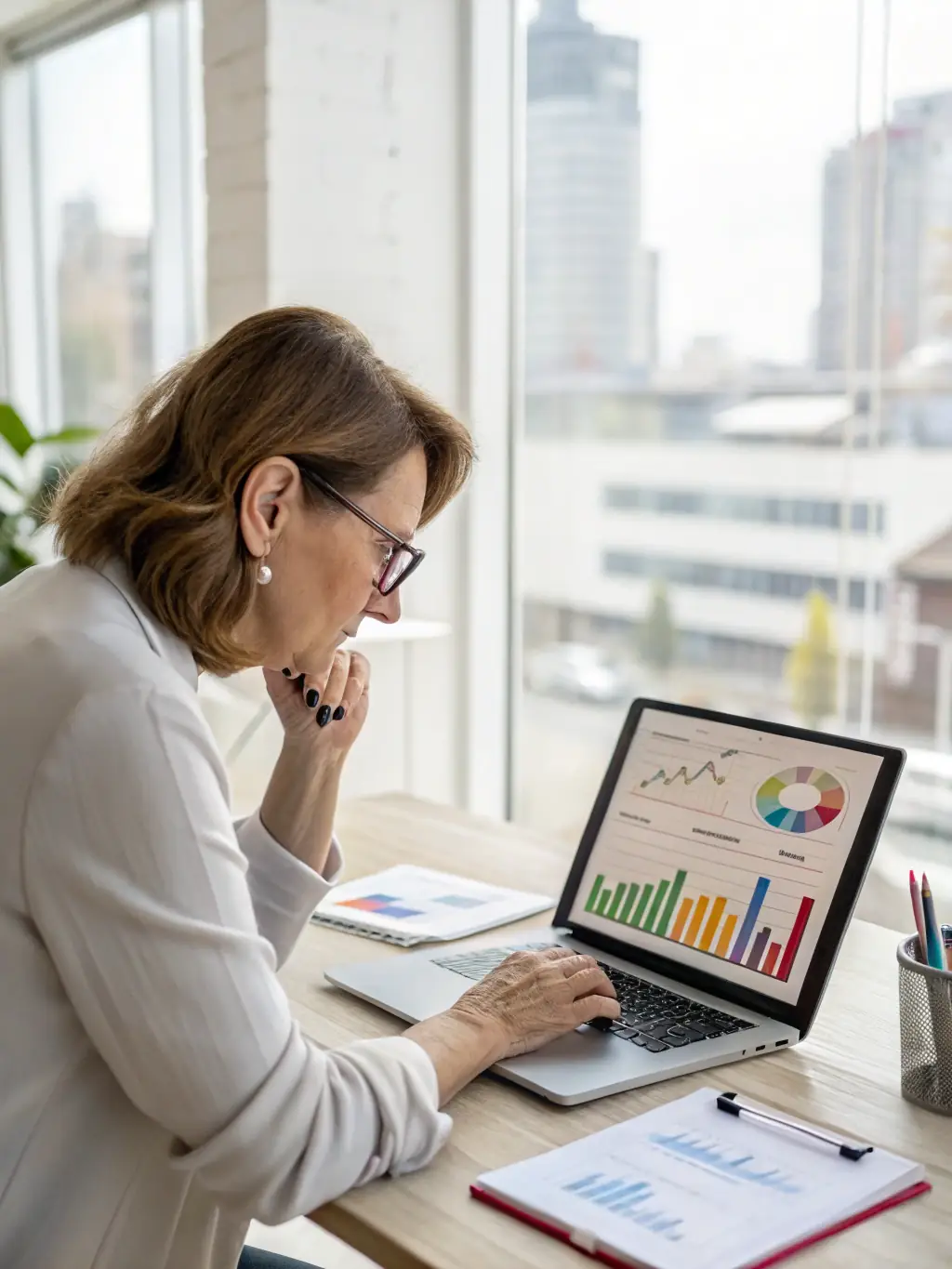 A consultant deeply analyzing data on a computer screen, surrounded by charts and graphs, in a modern office setting, representing data analytics consulting.
