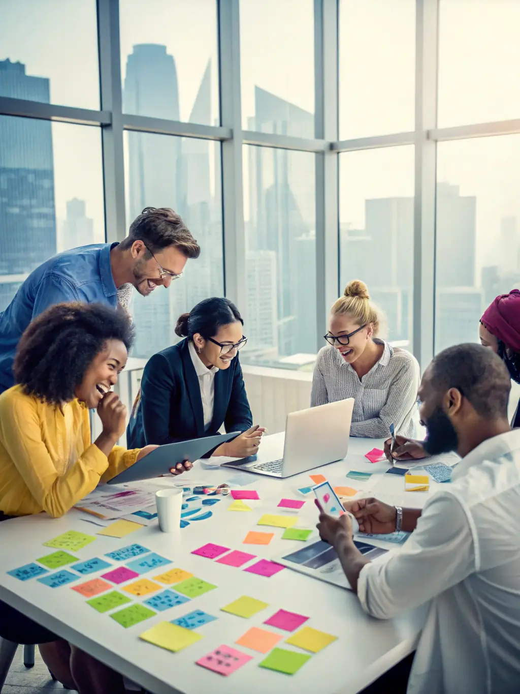 A diverse team of consultants collaborating around a table, brainstorming innovative ideas for a client's digital transformation.