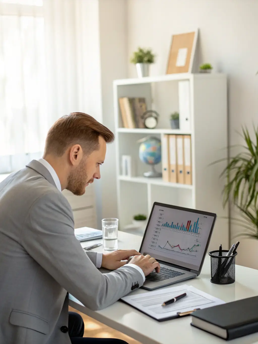 A consultant in a modern office setting, analyzing data on a laptop with a client, discussing technology solutions.