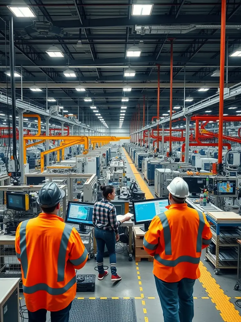 A manufacturing plant with automated machinery, consultants optimizing production processes using IoT devices.
