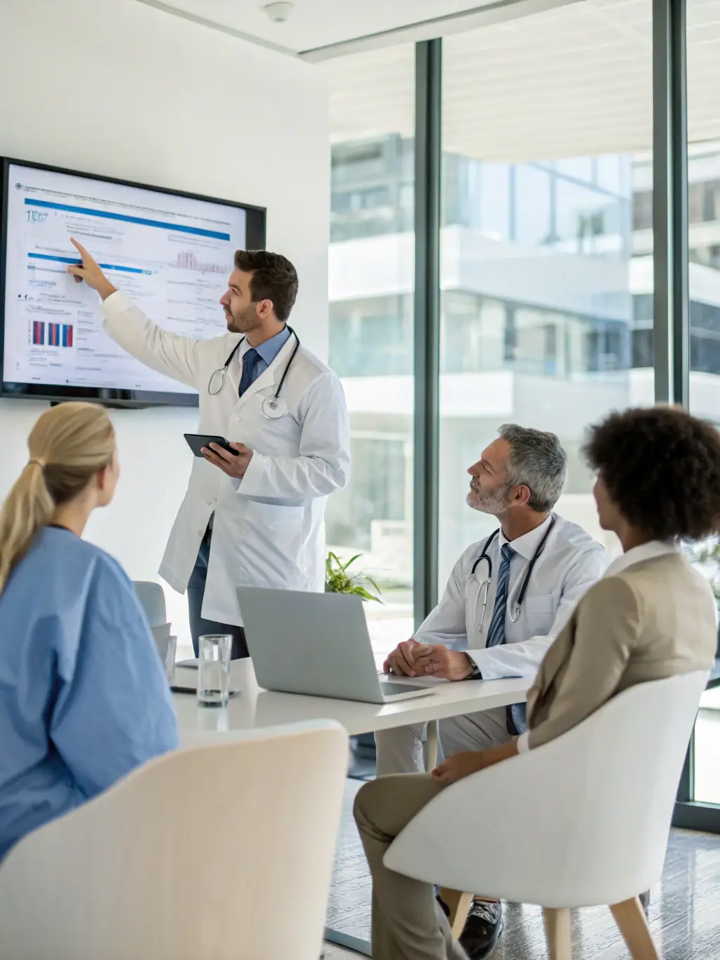 A modern office setting with consultants collaborating with healthcare professionals, analyzing patient data on a large screen.