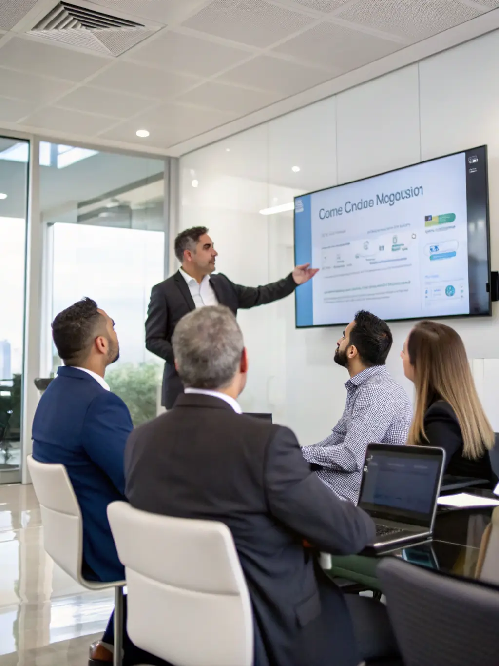 A consultant presenting a cloud migration plan to a client, using a whiteboard with cloud architecture diagrams, in a professional boardroom.