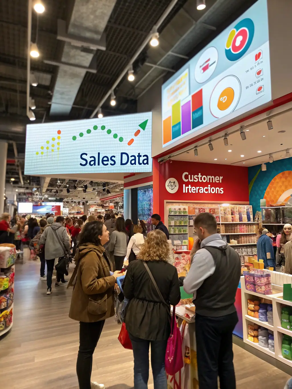 A bustling retail environment with customers using mobile devices, consultants analyzing sales data on tablets.