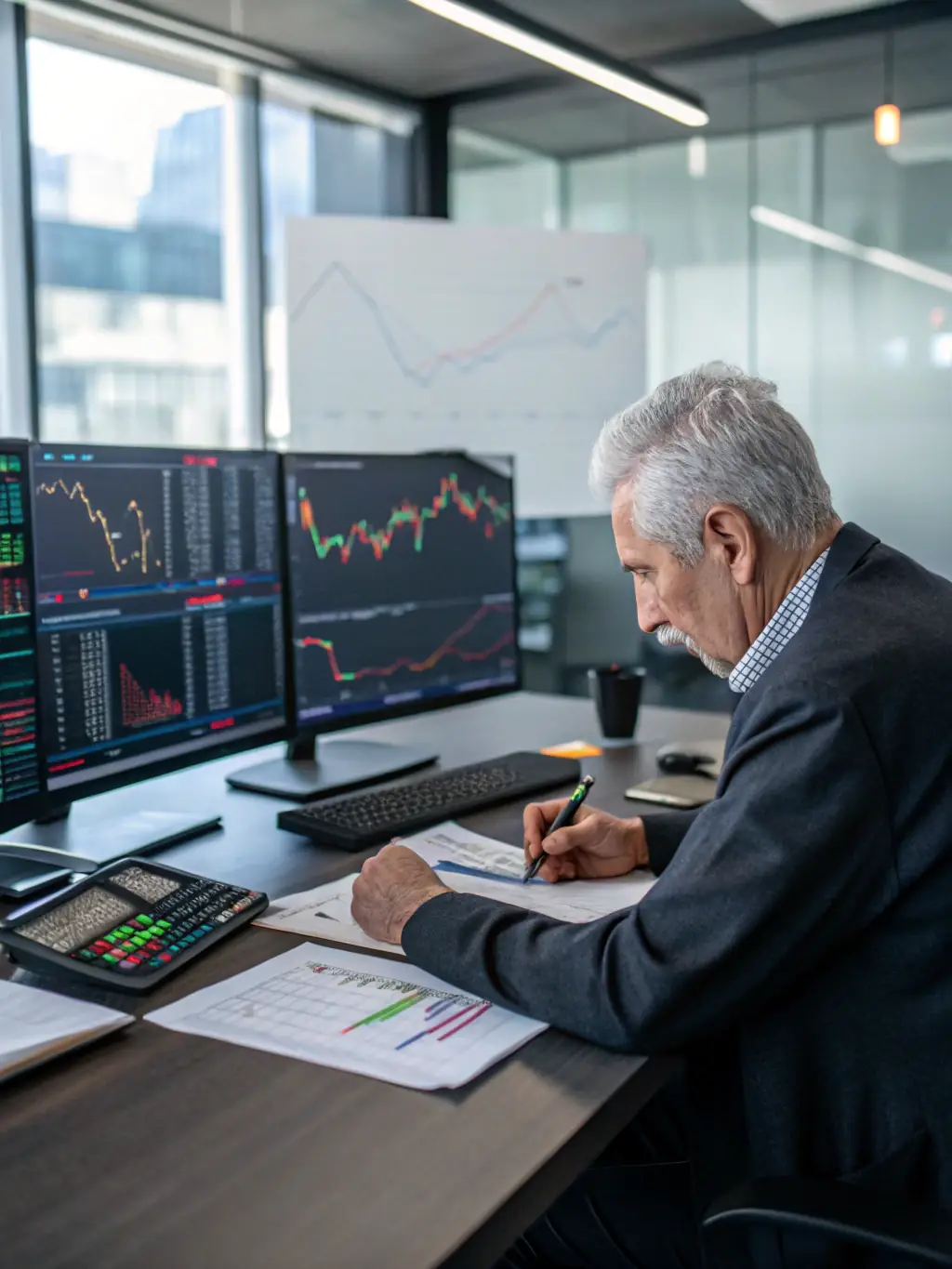 A financial analyst working with complex data visualizations, consultants discussing risk management strategies.