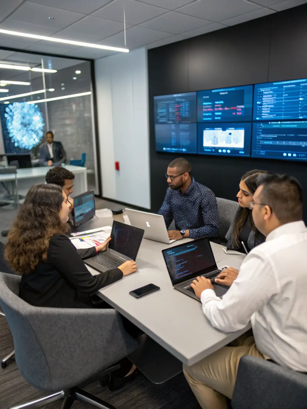 A team of consultants collaborating on a digital transformation strategy, using tablets and interactive displays, in a bright and collaborative workspace.